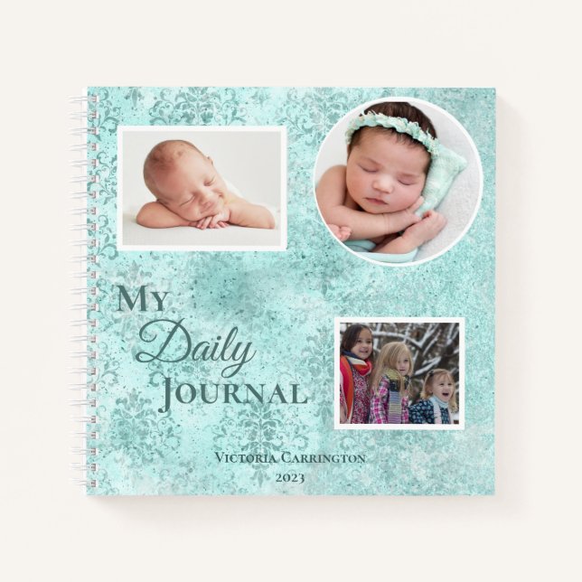 Pretty Damask Photo Name Script Daily Journal (Front)