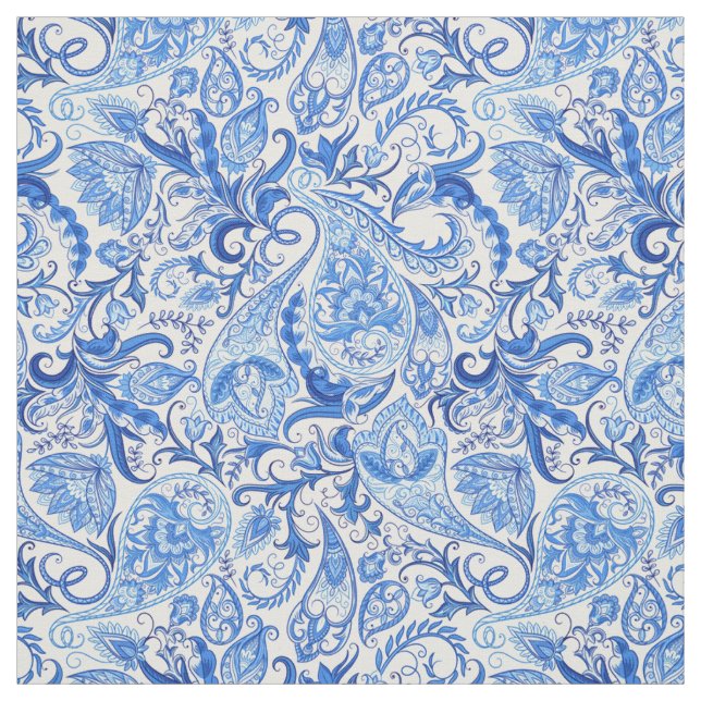 Pretty Dark And Light Blue Floral Paisley Pattern Fabric (Swatch)