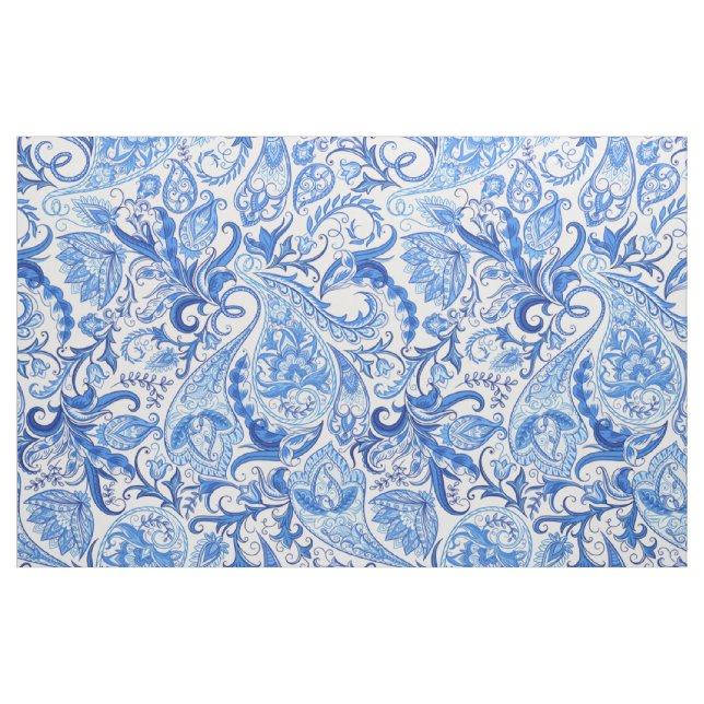 Pretty Dark And Light Blue Floral Paisley Pattern Fabric (Fat Quarter)