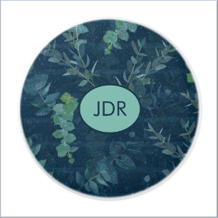 Pretty Dark Blue & Teal Green Leaves Floral Ceramic Knob