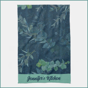 Pretty Dark Blue & Teal Green Leaves  Tea Towel