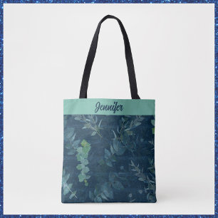 Pretty Dark Blue & Teal Green Leaves  Tote Bag