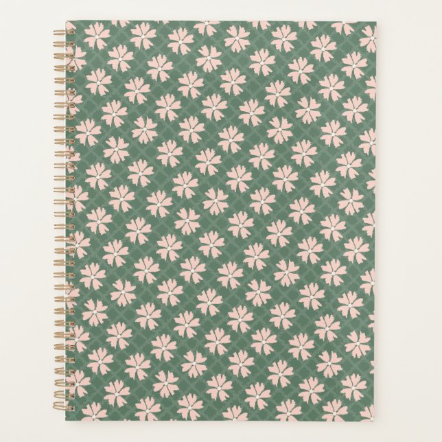 Pretty Dark Green Pastel Pink Floral Pattern Planner (Front)