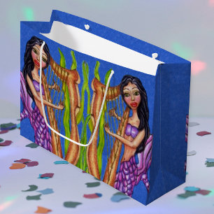 Pretty Dark Haired Purple Mermaid Harp Ocean Large Gift Bag