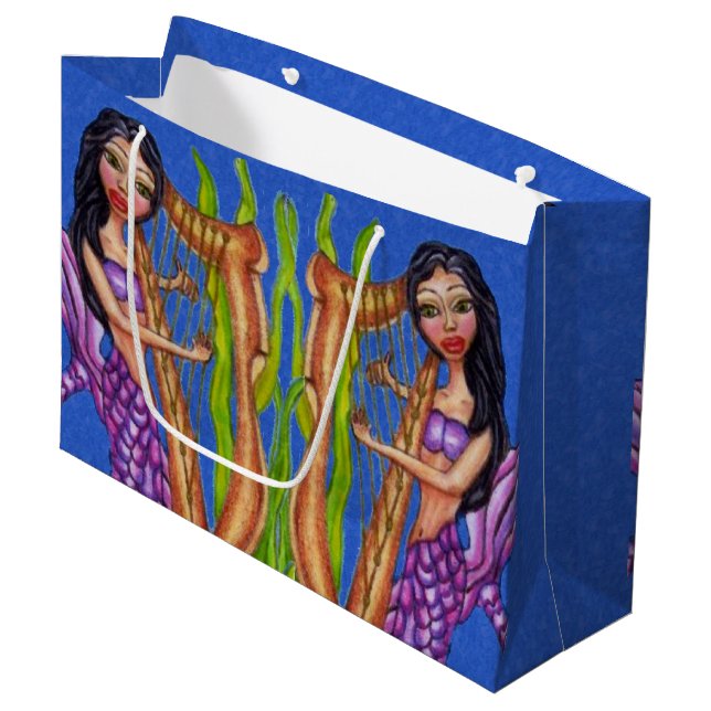 Pretty Dark Haired Purple Mermaid Harp Ocean Large Gift Bag (Front Angled)