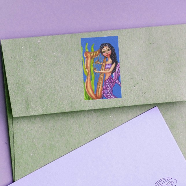 Pretty Dark Haired Purple Mermaid Harp Ocean Rectangular Sticker (Purple tail mermaid playing harp in seaweed on ocean blue stickers.)