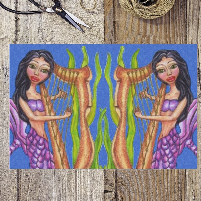 Pretty Dark Haired Purple Mermaid Harp Ocean Tissue Paper (Two mermaids purple tails playing harps seaweed under ocean on tissue wrapping paper.)