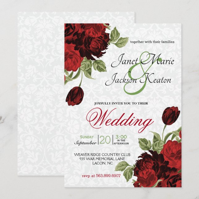Pretty Dark Red Wedding Flowers Invitation (Front/Back)