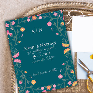 Pretty Dark Teal Yellow Pink Floral Frame Wedding Announcement Postcard