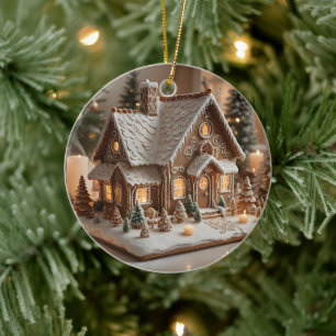 Pretty decorated gingerbread house  ceramic ornament