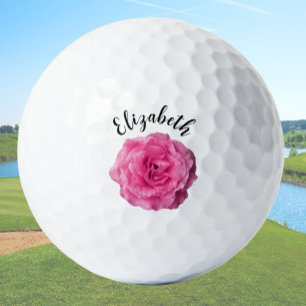 Pretty deep pink rose flower custom name ladies golf balls