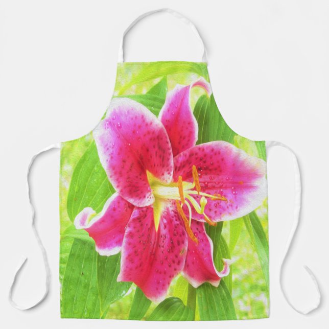 Pretty Deep Pink Stargazer Lily on Lime Green Apron (Front)