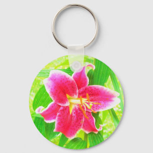 Pretty Deep Pink Stargazer Lily on Lime Green Key Ring