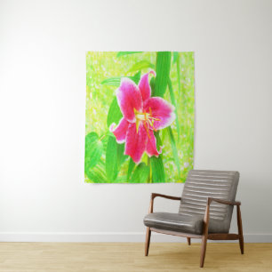 Pretty Deep Pink Stargazer Lily on Lime Green Tapestry