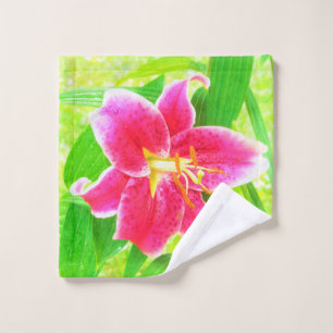 Pretty Deep Pink Stargazer Lily on Lime Green Wash Cloth