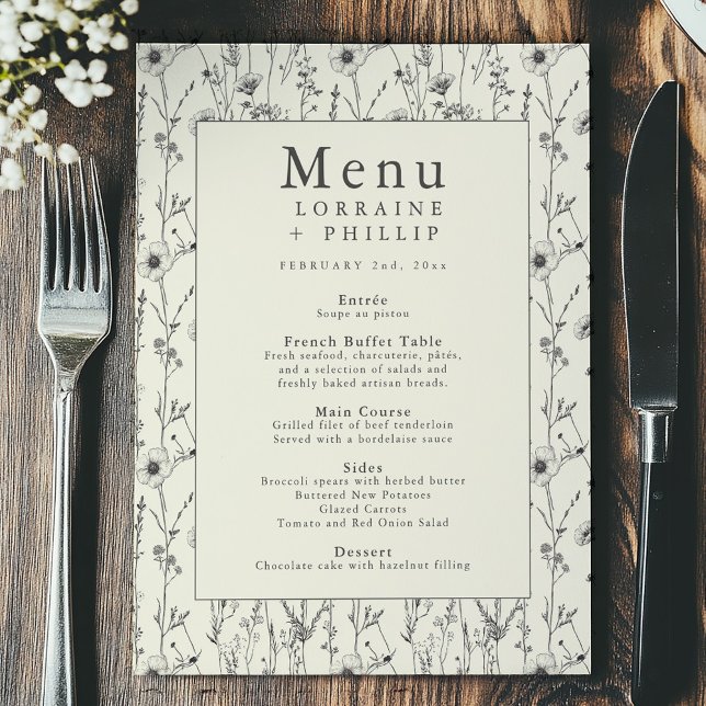 Pretty delicate wildflower border wedding menu (Delicate wildflower wedding menu card features an elegant vintage botanical border)