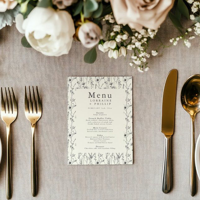 Pretty delicate wildflower wedding meal menu (Wedding reception table menu with vintage style wild flowers frame)