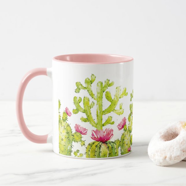 Pretty Desert Cactus with Pink Flower Coffee Mug (With Donut)