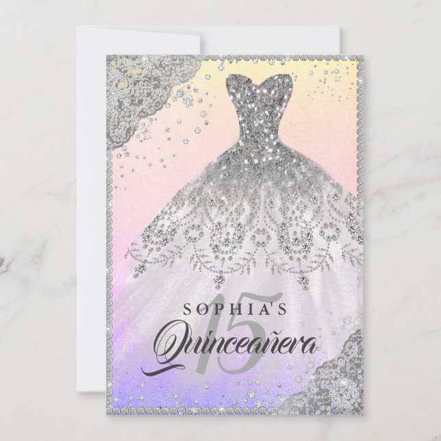 Pretty Diamond Lace Sparkle Gown Quinceanera Invitation (Front)