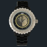 Pretty Diamond Wedding Ring with Photo on Black Watch<br><div class="desc">This elegant custom watch has a diamond wedding ring look. The gold band forms a circle with silver clock numbers around the outside, the "12" replaced by the image of a diamond. It all stands out boldly on a black background (see colour variations under "Weddings" in our store), which has...</div>