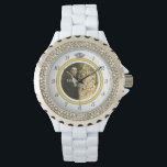 Pretty Diamond Wedding Ring with Photo on White Watch<br><div class="desc">This elegant custom watch has a diamond wedding ring look. The gold band forms a circle with silver clock numbers around the outside, the "12" replaced by the image of a diamond. It all stands out boldly on a white background (see colour variations under "Weddings" in our store), which has...</div>