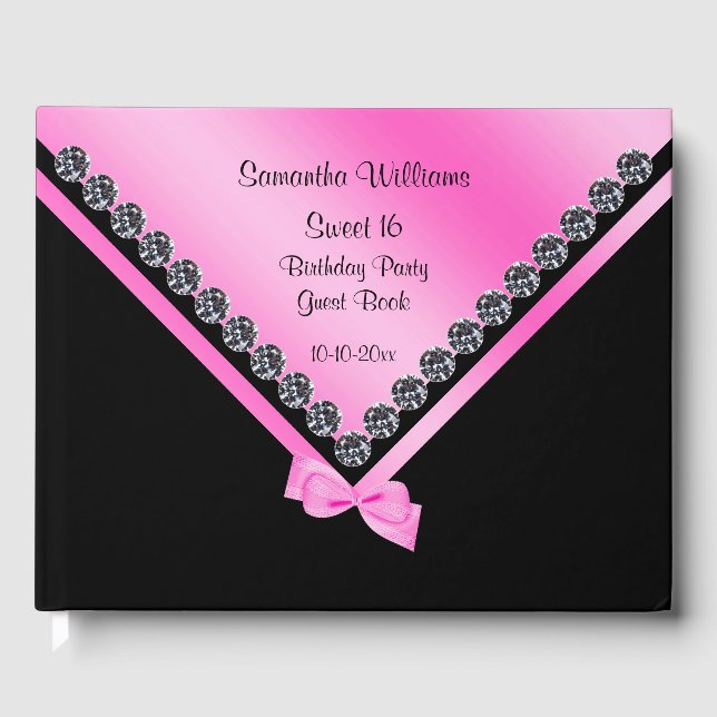 Pretty Diamonds & Pink Bow Sweet 16 Guest Book (Front)