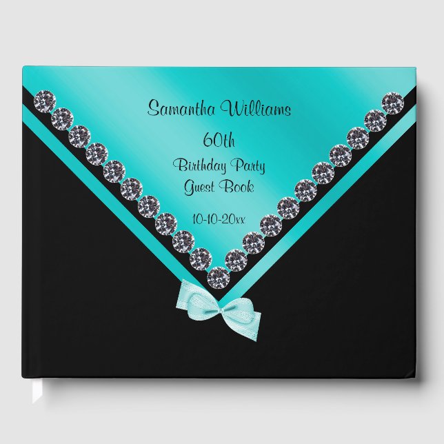 Pretty Diamonds & Teal Bow 60th Birthday Guest Book (Front)