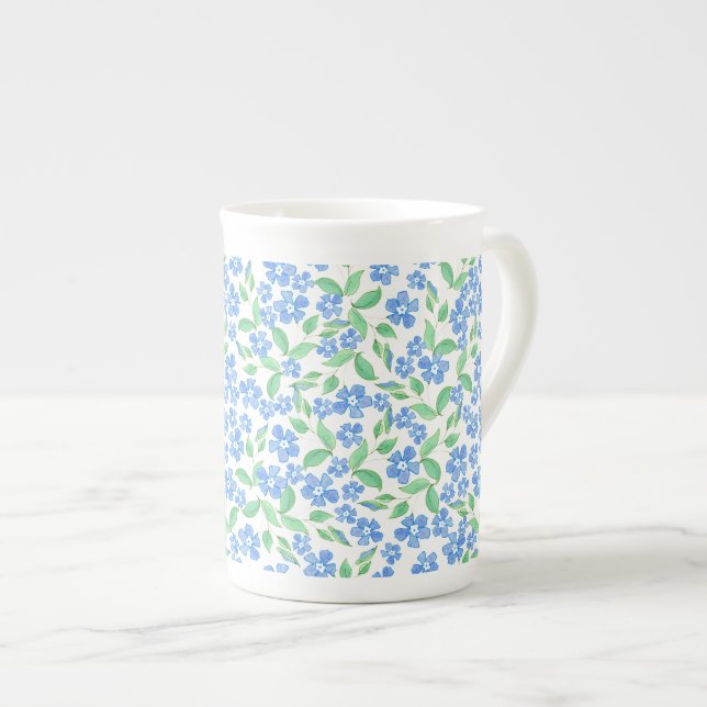 Pretty Ditsy Blue Green White Periwinkle Flowers Bone China Mug (Front Right)
