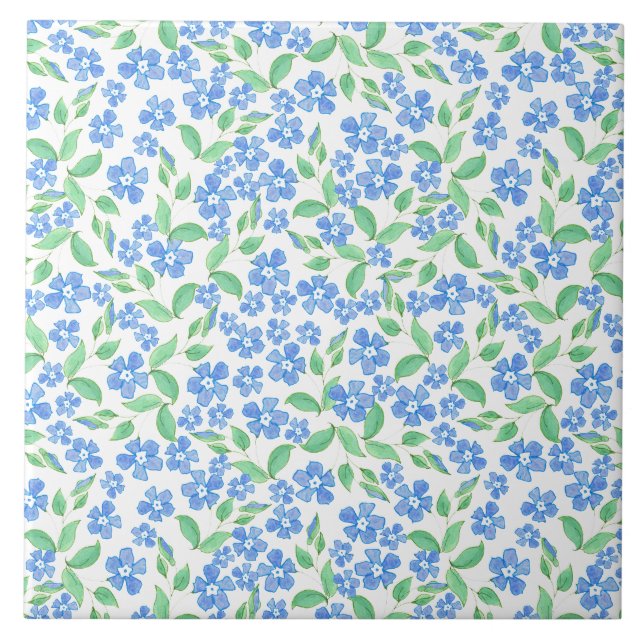 Pretty Ditsy Blue Green White Periwinkle Flowers Ceramic Tile (Front)