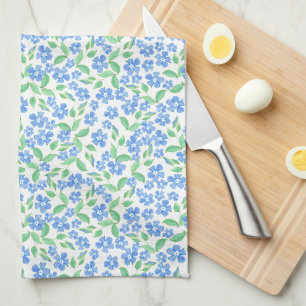 Pretty Ditsy Blue Green White Periwinkle Flowers Tea Towel