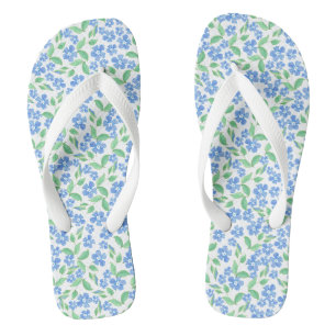 Pretty Ditsy Blue Green White Periwinkle Flowers Thongs