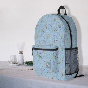Pretty Ditsy FLoral Blue Pattern Monogram Girl Printed Backpack