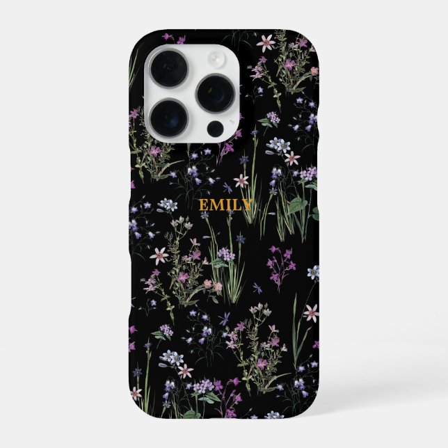 Pretty Ditsy Floral Pattern Black Violet iPhone Case (Back)