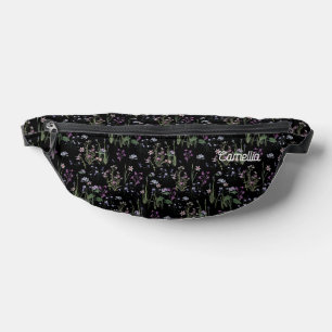 Pretty Ditsy FLoral Pattern Black Violet Name Bum Bags