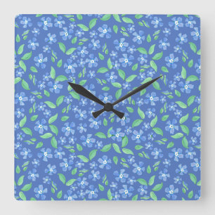 Pretty Ditsy Periwinkle Blue Green Floral Pattern Square Wall Clock