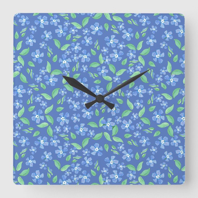 Pretty Ditsy Periwinkle Blue Green Floral Pattern Square Wall Clock (Front)