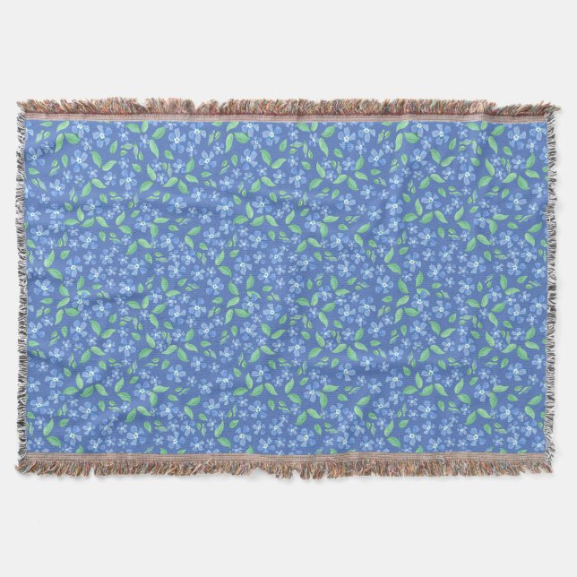 Pretty Ditsy Periwinkle Blue Green Floral Pattern Throw Blanket (Front)
