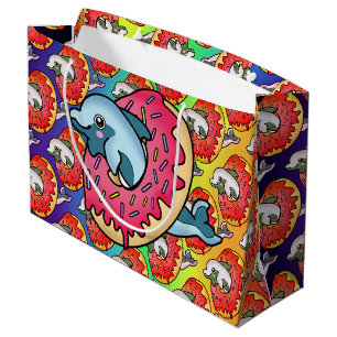 Pretty Dolphin in Pink Doughnut with Rainbow Hues Large Gift Bag