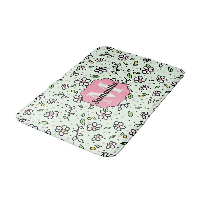 Pretty Doodle Daisy Flowers Cute Pattern Monogram Bath Mat (Angled)