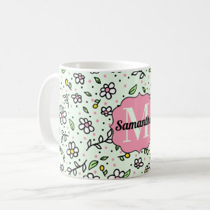 Pretty Doodle Daisy Flowers Cute Pattern Monogram Coffee Mug