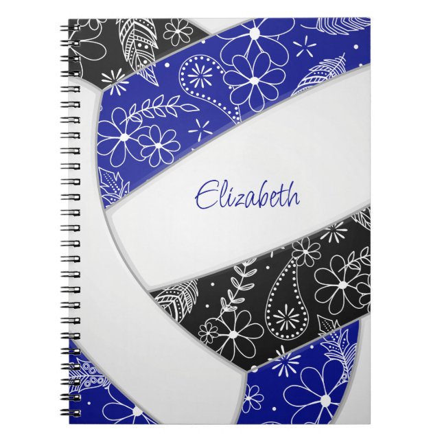 pretty doodle pattern blue black boho volleyball notebook (Front)