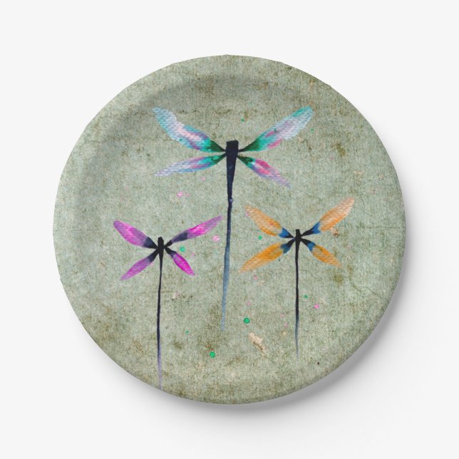 Pretty dragonflies watercolor rustic paper plate (Front)