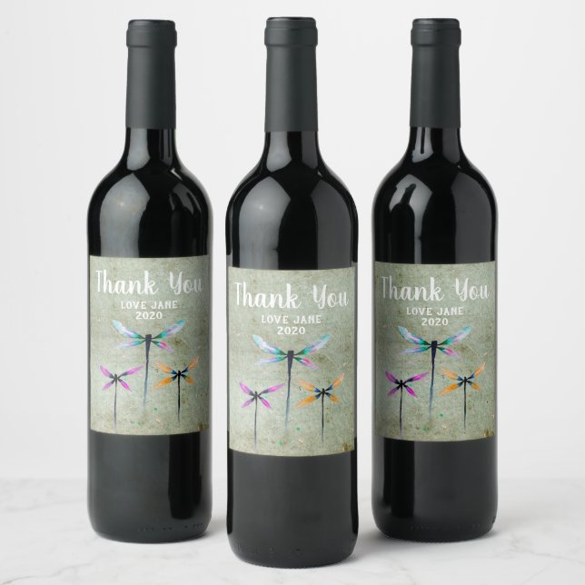 Pretty dragonflies watercolor rustic wine label (Bottles)