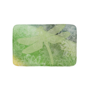 Pretty Dragonfly And Flower Art In Greens Bath Mat