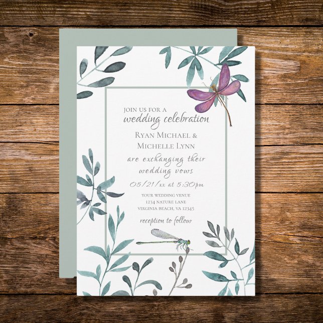 Pretty Dragonfly Garden Greenery on White Wedding Invitation (Creator Uploaded)