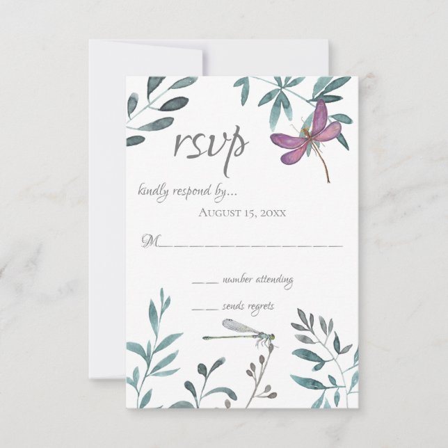 Pretty Dragonfly Garden Greenery on White Wedding RSVP Card (Front)