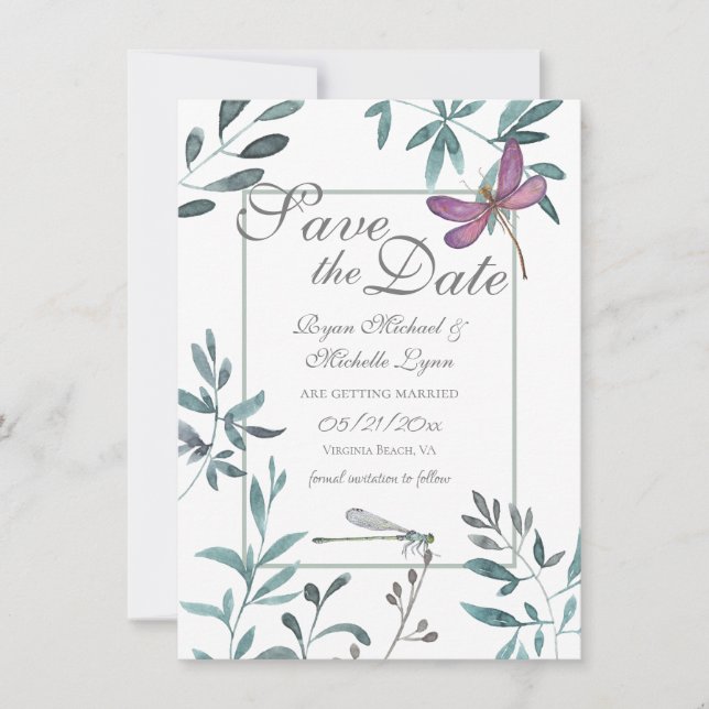 Pretty Dragonfly Garden Greenery on White Wedding Save The Date (Front)