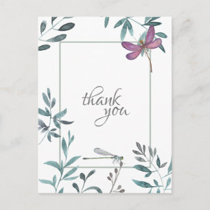 Pretty Dragonfly Garden Greenery, White Thank You Postcard