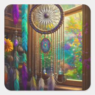 Pretty Dreamcatcher in Window Purple Boho Square Sticker