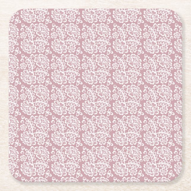 Pretty Dusky Pink White Lace Pattern Square Paper Coaster (Front)
